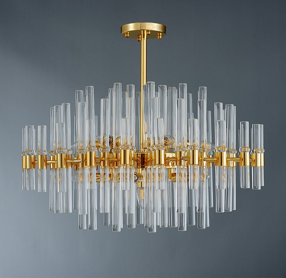 Artistic gold crystal ceiling lamp installed in a modern luxury dining room setting.