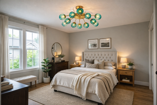 Modern Gold Retractable Ceiling Fan with Blue Glass Globes, 8-Light / 12-Light Flush Mount Fan with Remote