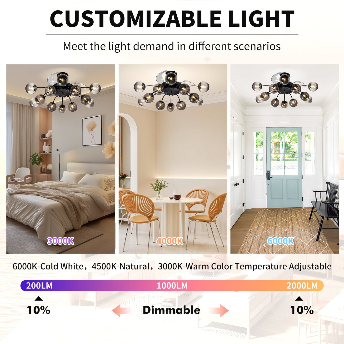 Black Smoke Glass 12-Light Retractable Ceiling Fan with Remote