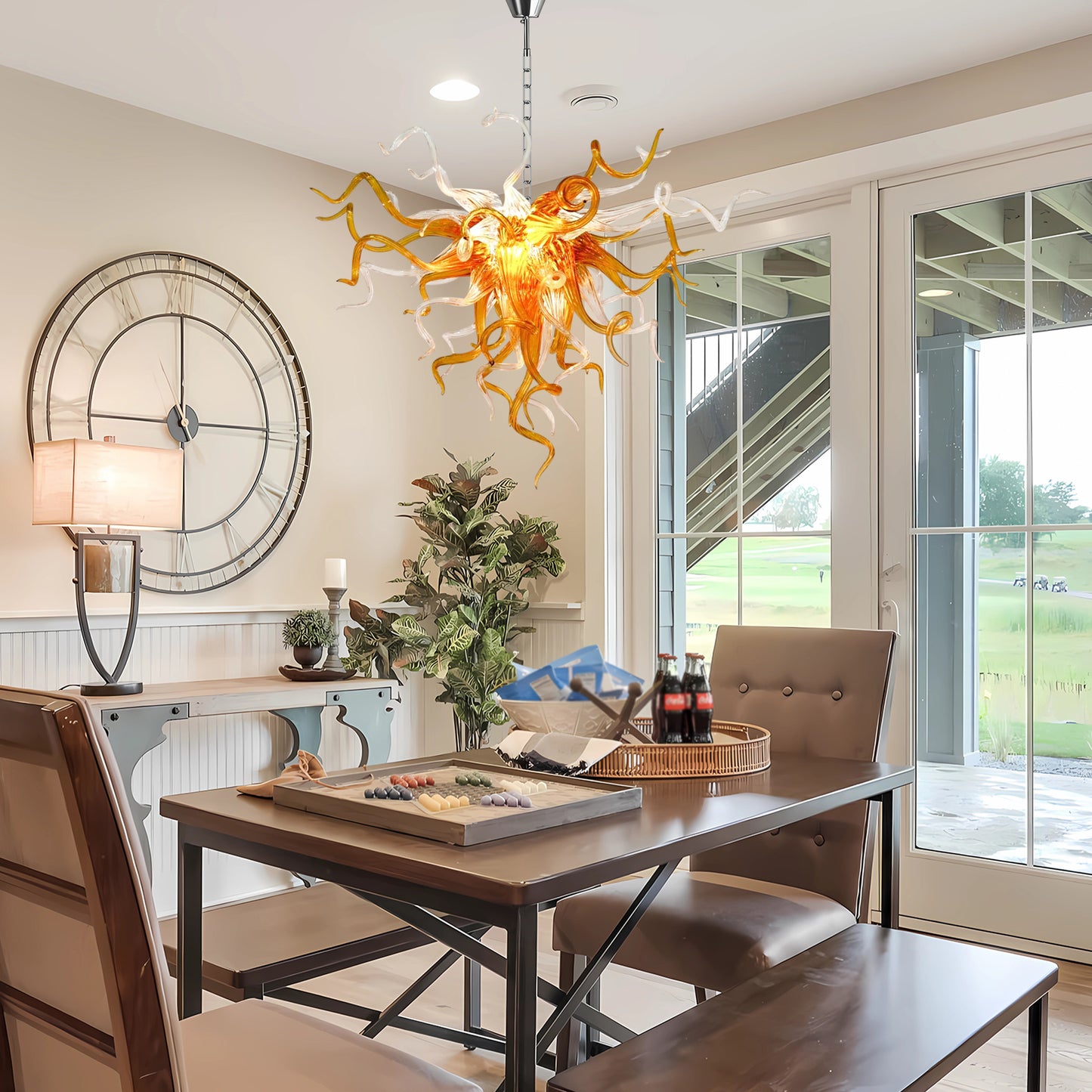 Amber Glow Chihuly-style hand blown glass chandelier in modern dining room