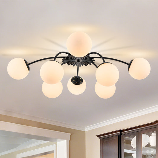 8-Light black frosted globe semi-flush mount ceiling light in modern kitchen.