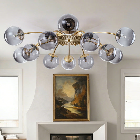 12-Light modern smoky gray glass globe ceiling light gold frame.