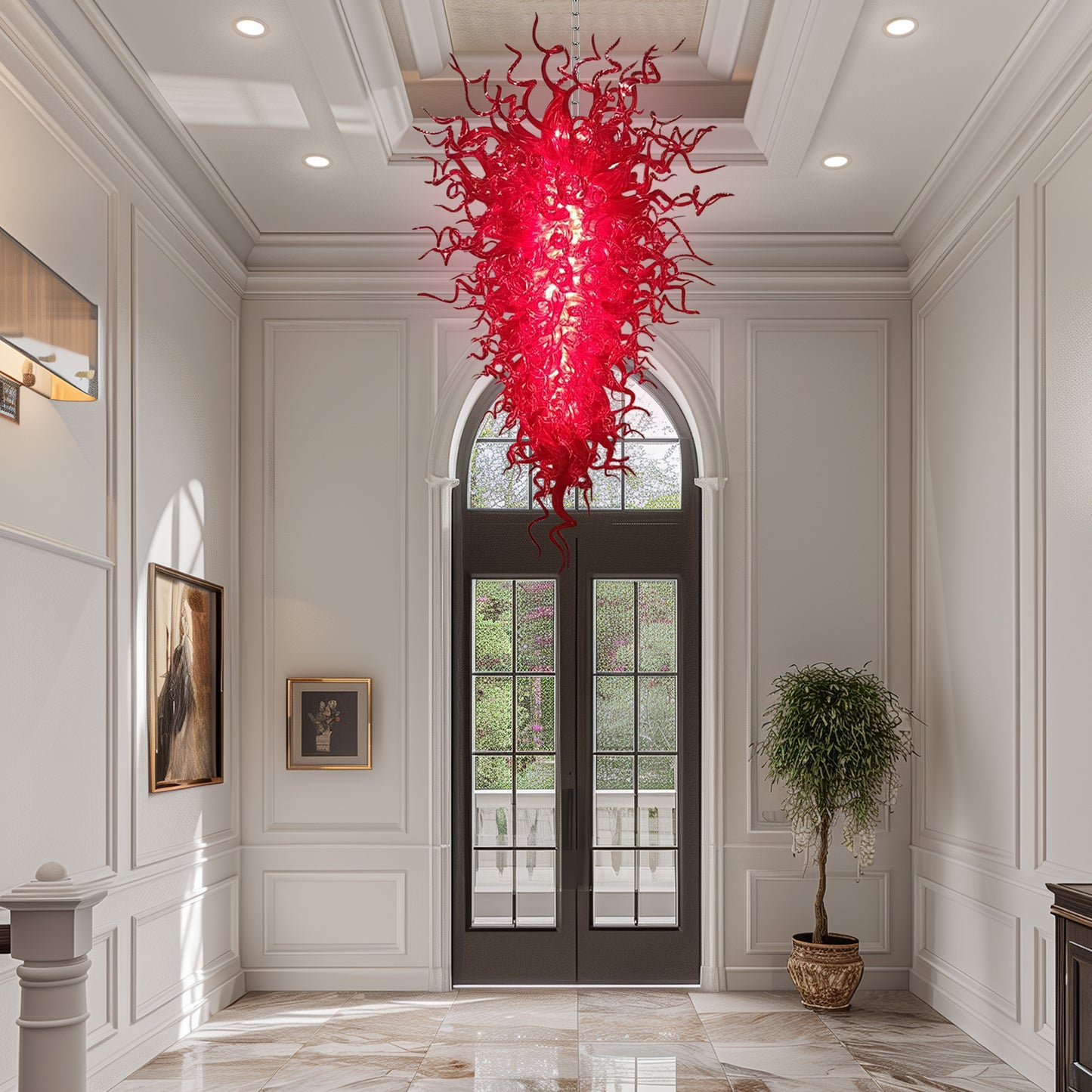 Cascading crimson murano blown glass chandelier in a sophisticated entryway.