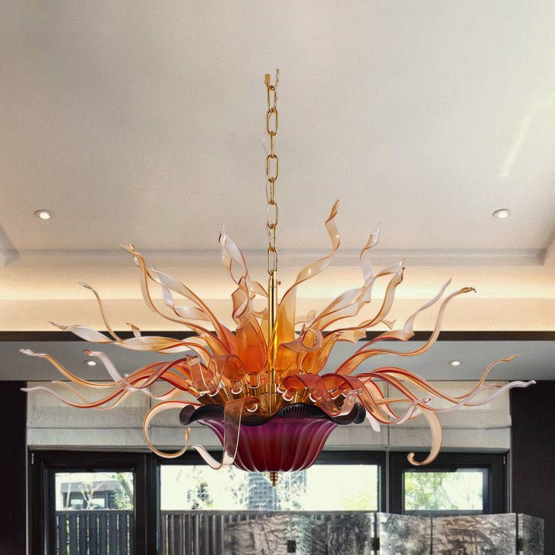 Floral Basket Blown Glass Chandelier Amber Ribons Home Decor