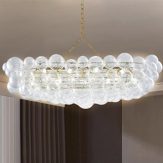 Rectangular cluster pendant light featuring individually hand-blown clear glass spheres with a distinctive spiral texture.
