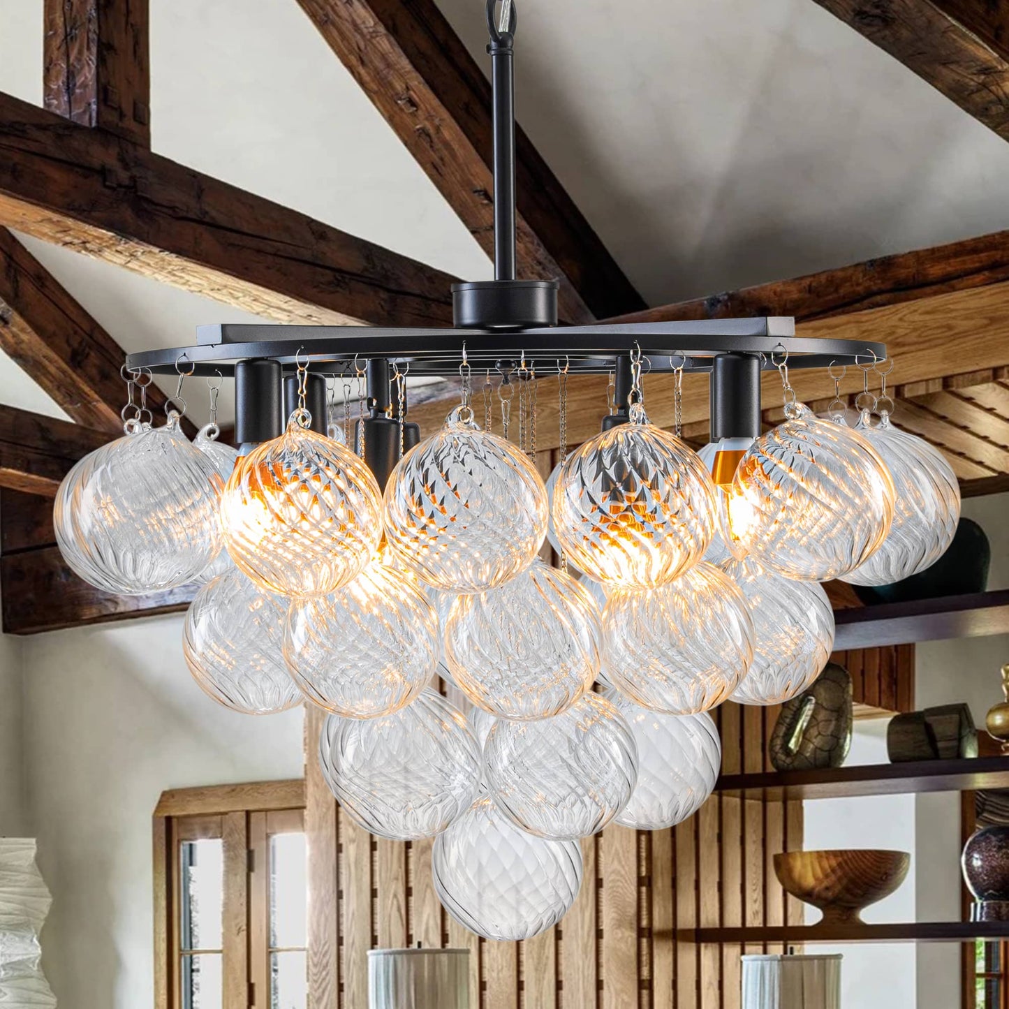 Bubbles Chandelier Matte Black 4-Tiered Textured Glass Balls