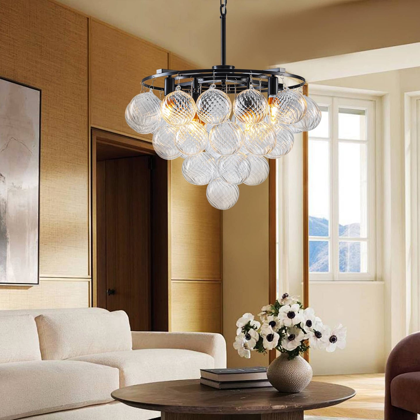 Bubbles Chandelier Matte Black 4-Tiered Textured Glass Balls