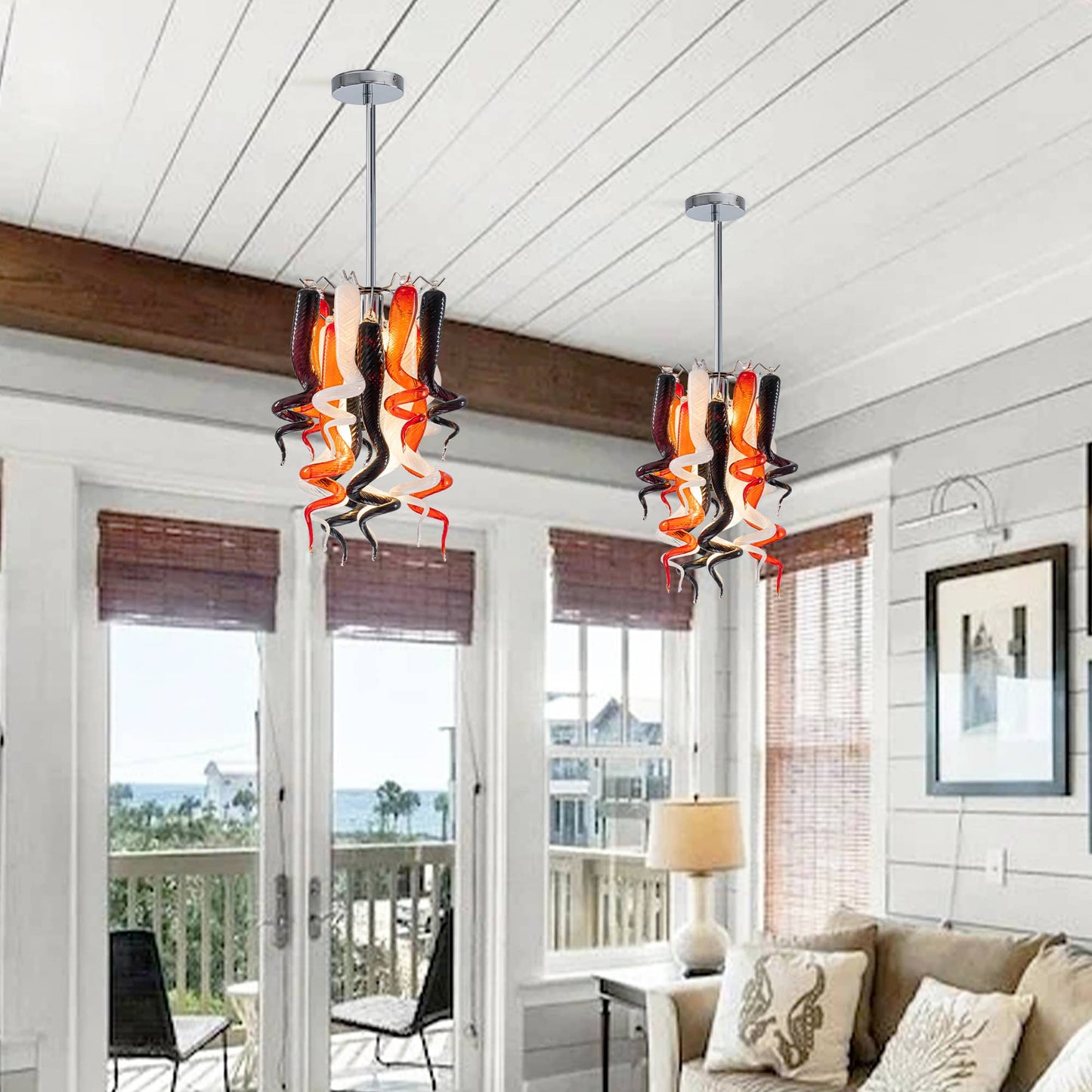 Miniature Designed Murano Style Glass Chandelier White Red And Brown Pendants