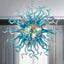 Close-up of a blue and silver hand-blown glass chandelier with a dynamic starburst Sputnik shape