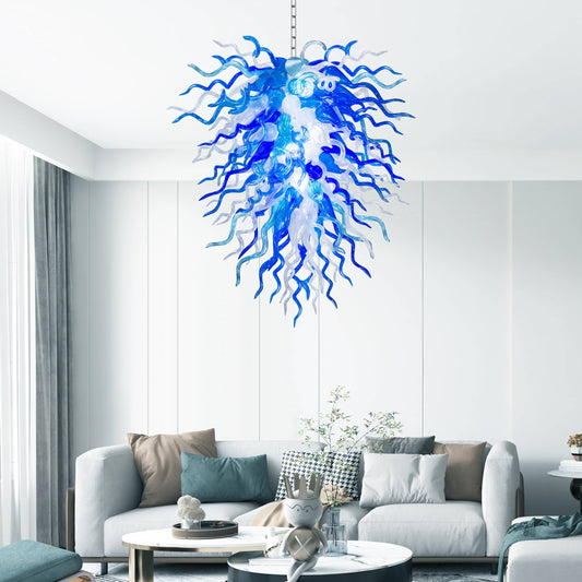 Modern living room with a blue and white abstract chandelier in Chihuly style.