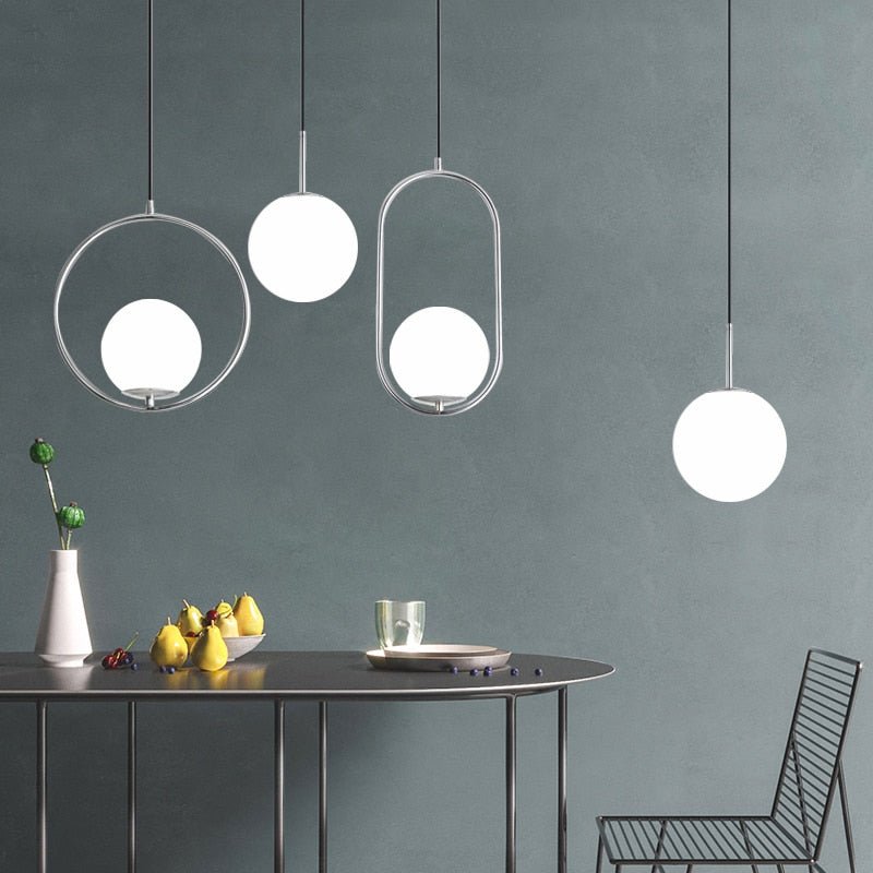 Contemporary Pendant Lamp Metal Frame Opal Glass Lampshade Hanging Art