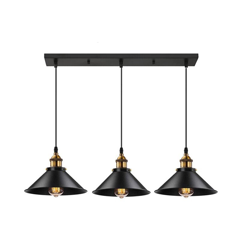 Industrial 3-light linear pendant fixture with matte black cone shades.