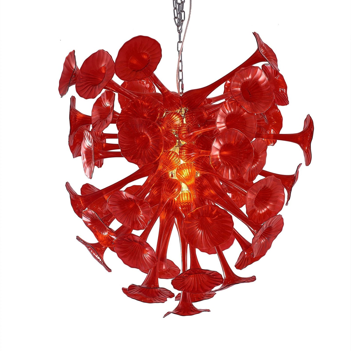 Studio product shot of the red artisan glass chandelier on a clean white background, highlighting the intricate floral petal details.