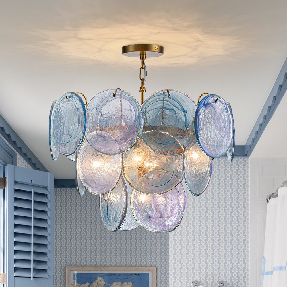 Modern Glam Glass Disc Tiered Chandelier Coastal Round Disk Glass Art Pendant Light