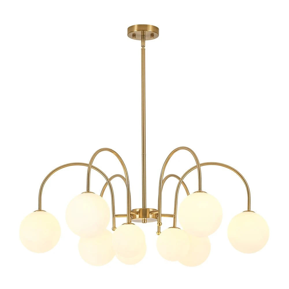 9-Light Goose Arm Opal Glass Bubble Tiered Chandelier Modern Brass Globe Ceiling Light Fixture
