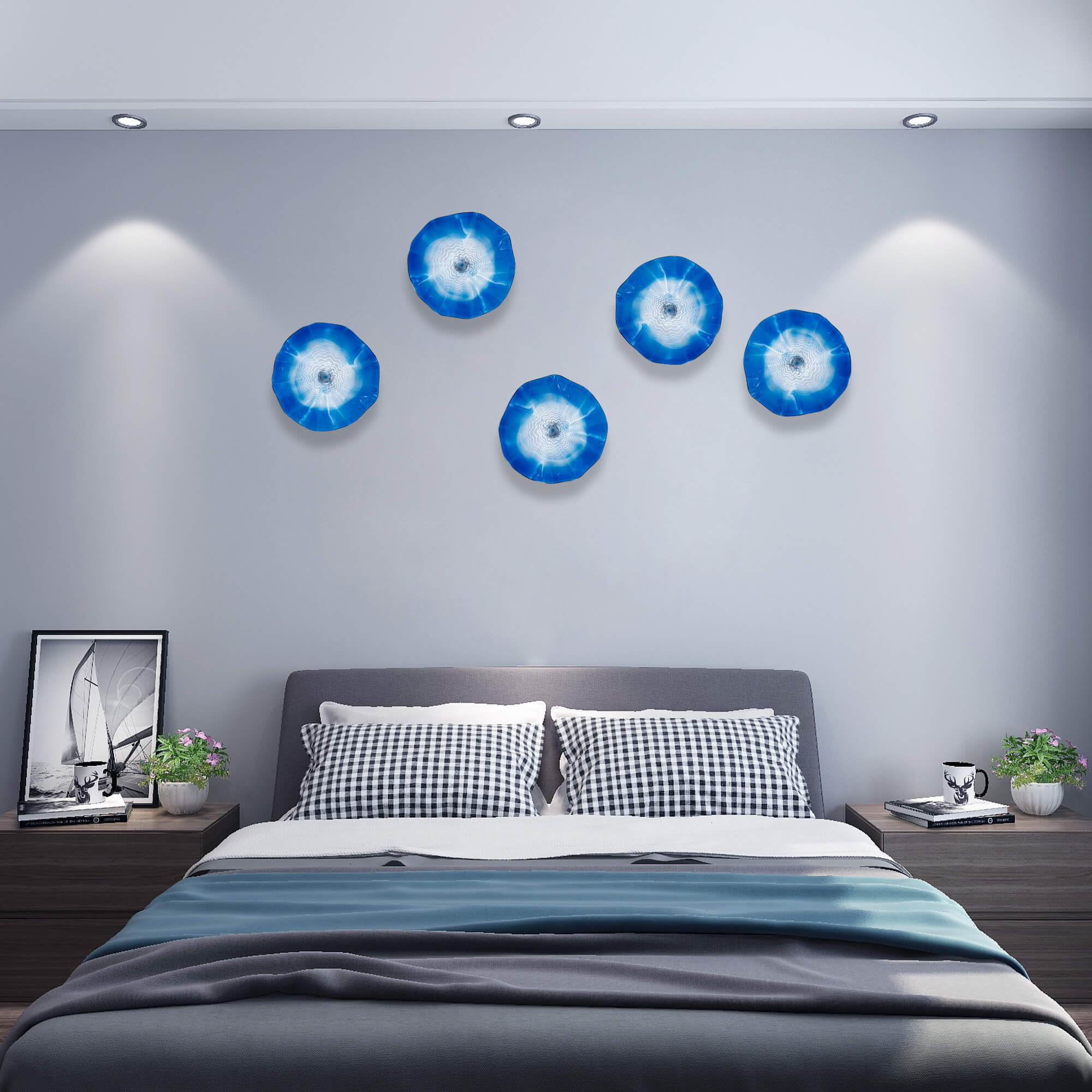12" Murano Style Glass Wall Art - Deep Blue & White Rippling Decor Plate - BeyPan