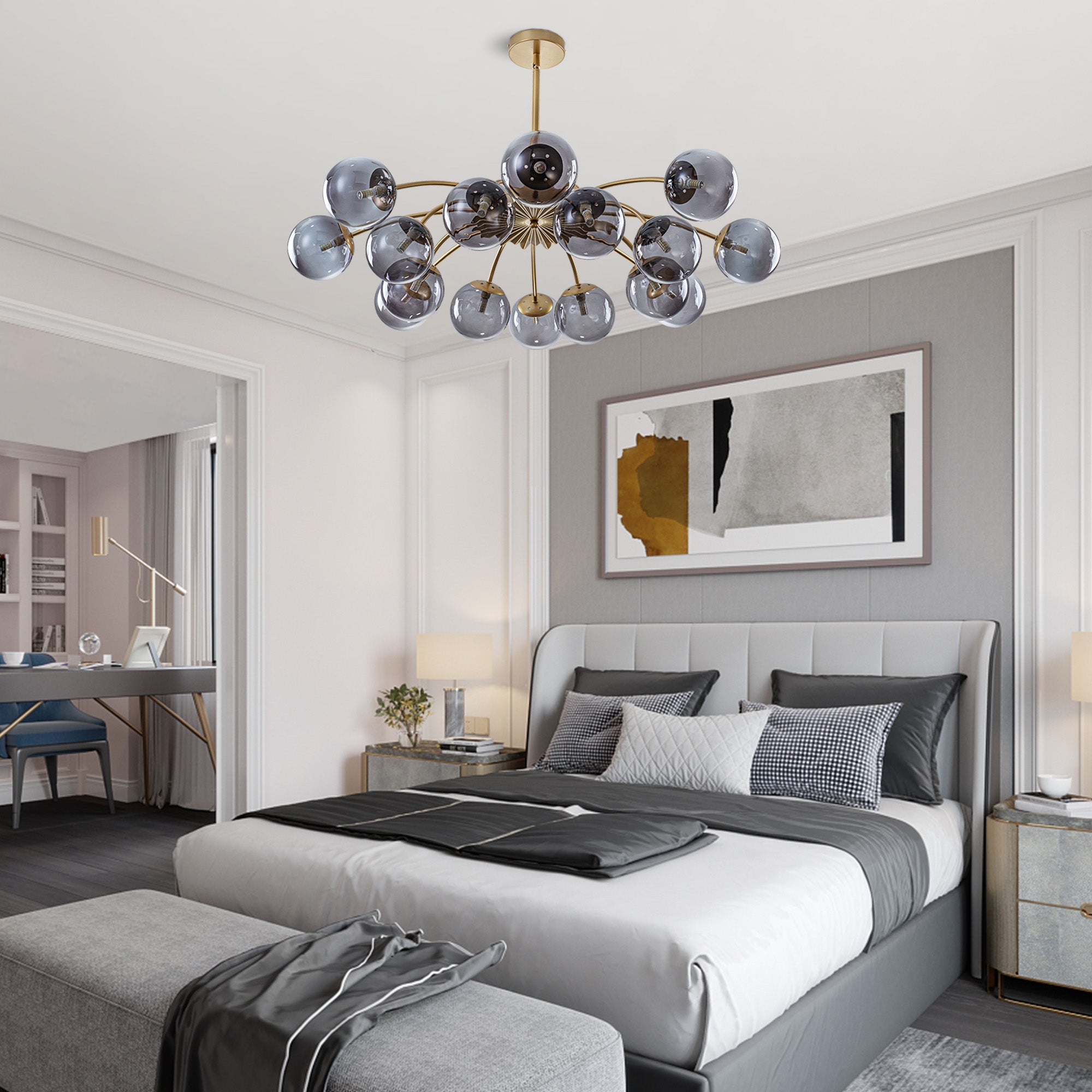 16-Light Modern Smoky Gray Glass Globe Chandelier - Brass Finish Pendant - BeyPan