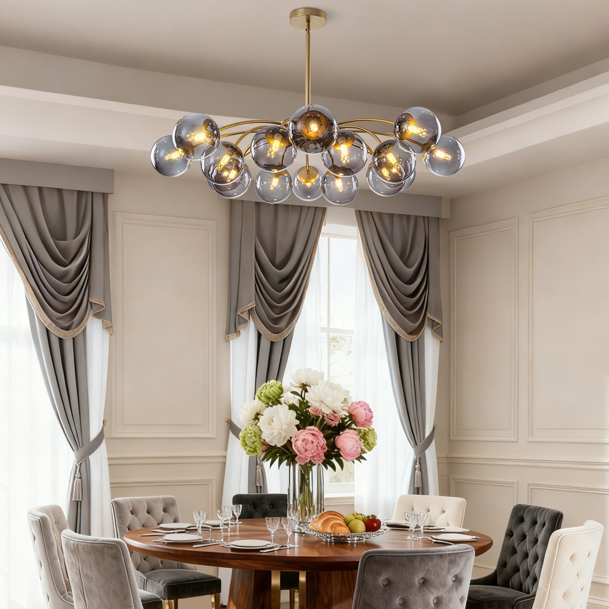 16-Light Modern Smoky Gray Glass Globe Chandelier - Brass Finish Pendant - BeyPan