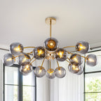 16-Light Modern Smoky Gray Glass Globe Chandelier - Brass Finish Pendant - BeyPan