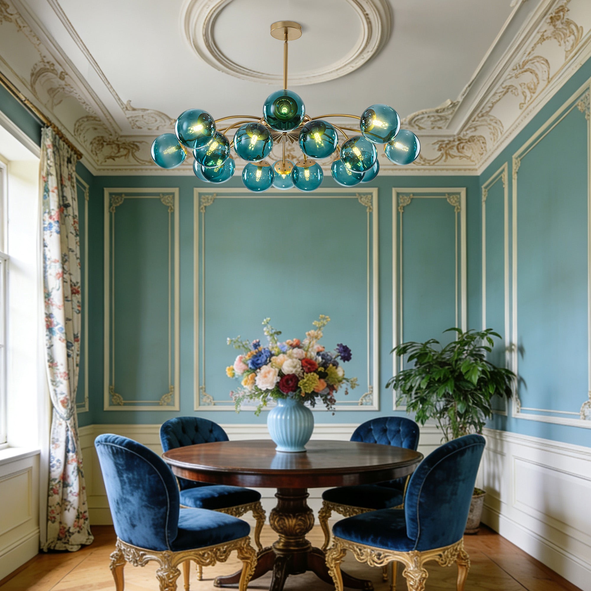 16-Light Modern Teal Glass Bubble Globe Chandelier - Brass Finish - BeyPan