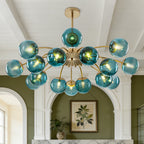 16-Light Modern Teal Glass Bubble Globe Chandelier - Brass Finish - BeyPan