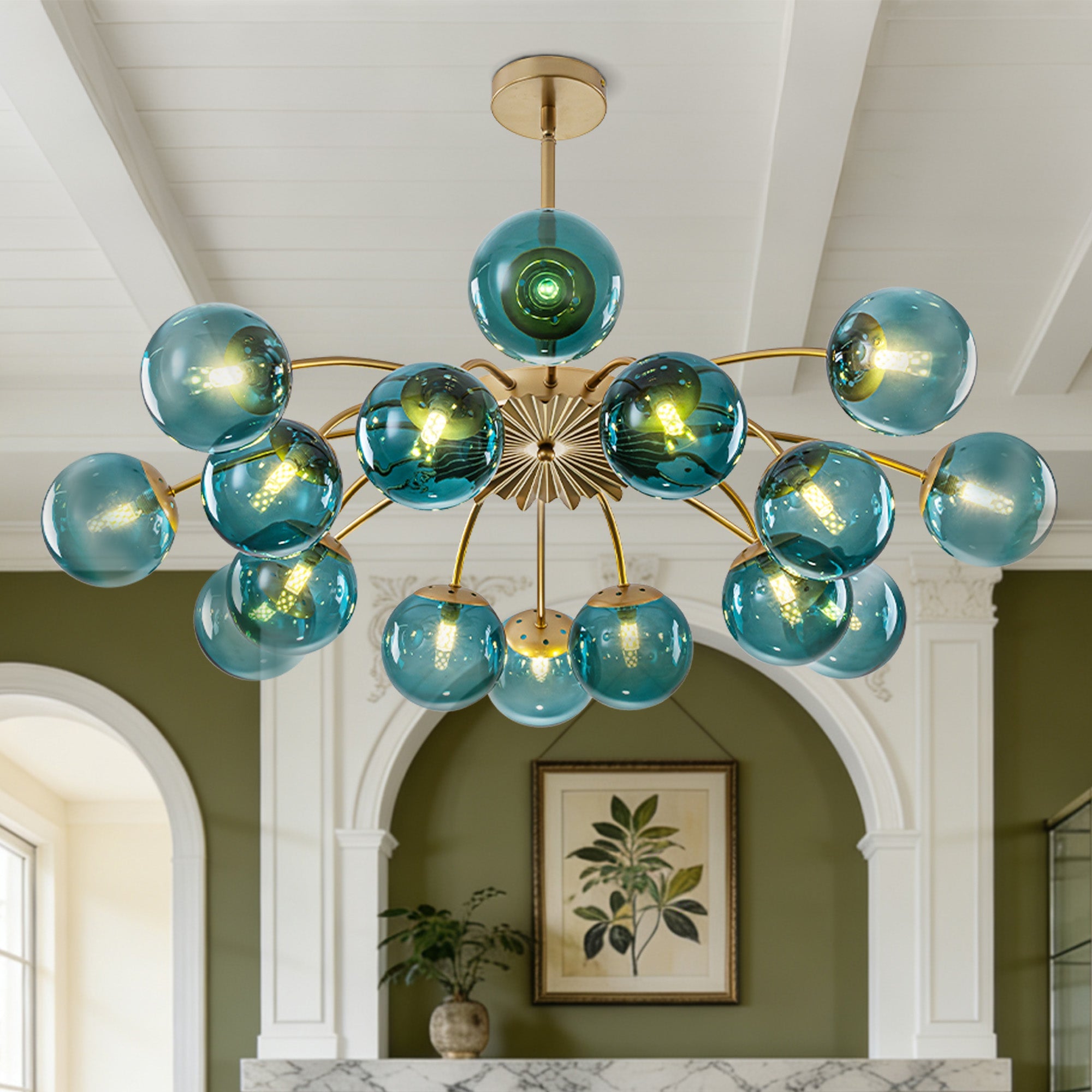 16-Light Modern Teal Glass Bubble Globe Chandelier - Brass Finish - BeyPan