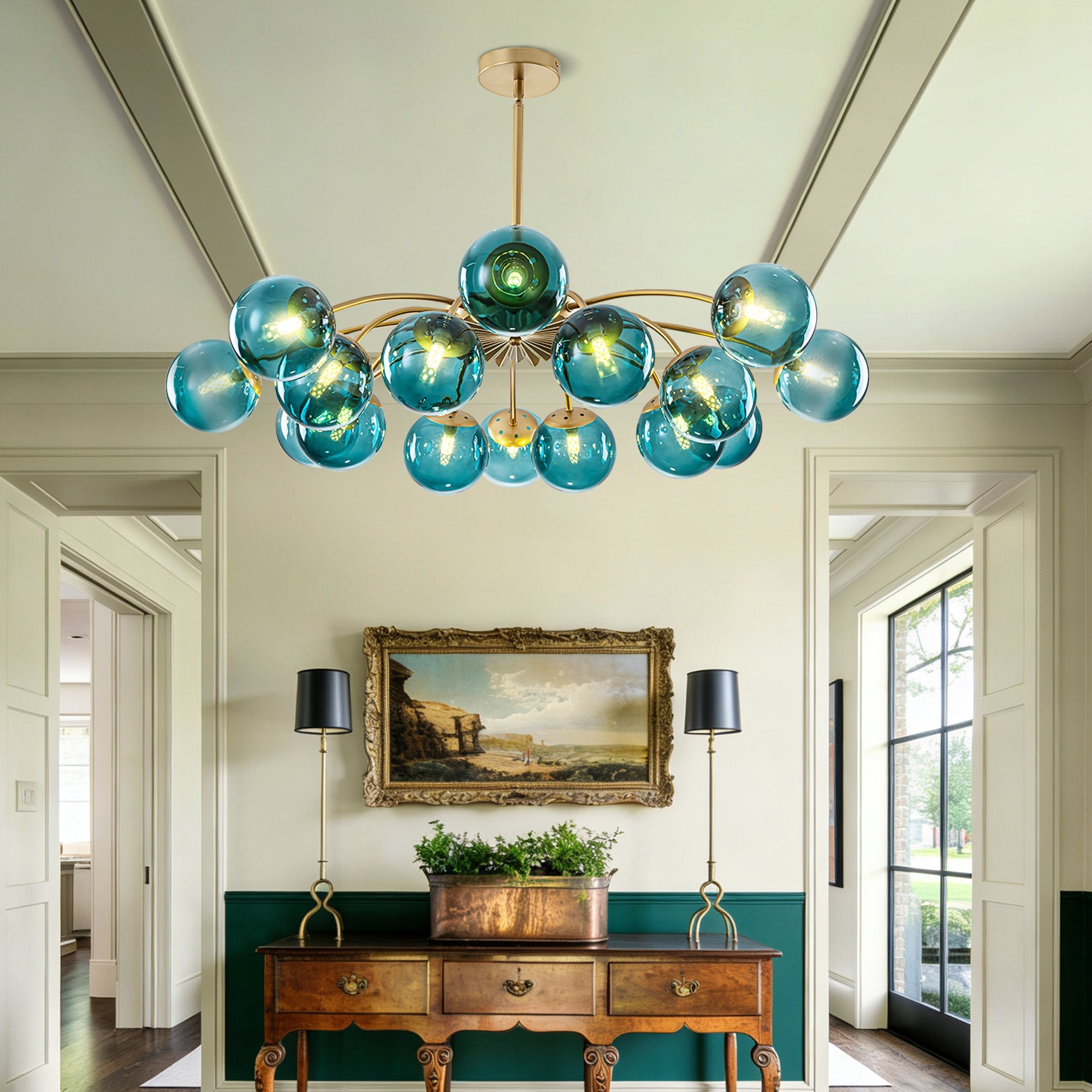 16-Light Modern Teal Glass Bubble Globe Chandelier - Brass Finish - BeyPan