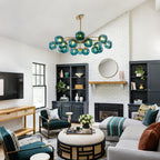 16-Light Modern Teal Glass Bubble Globe Chandelier - Brass Finish - BeyPan
