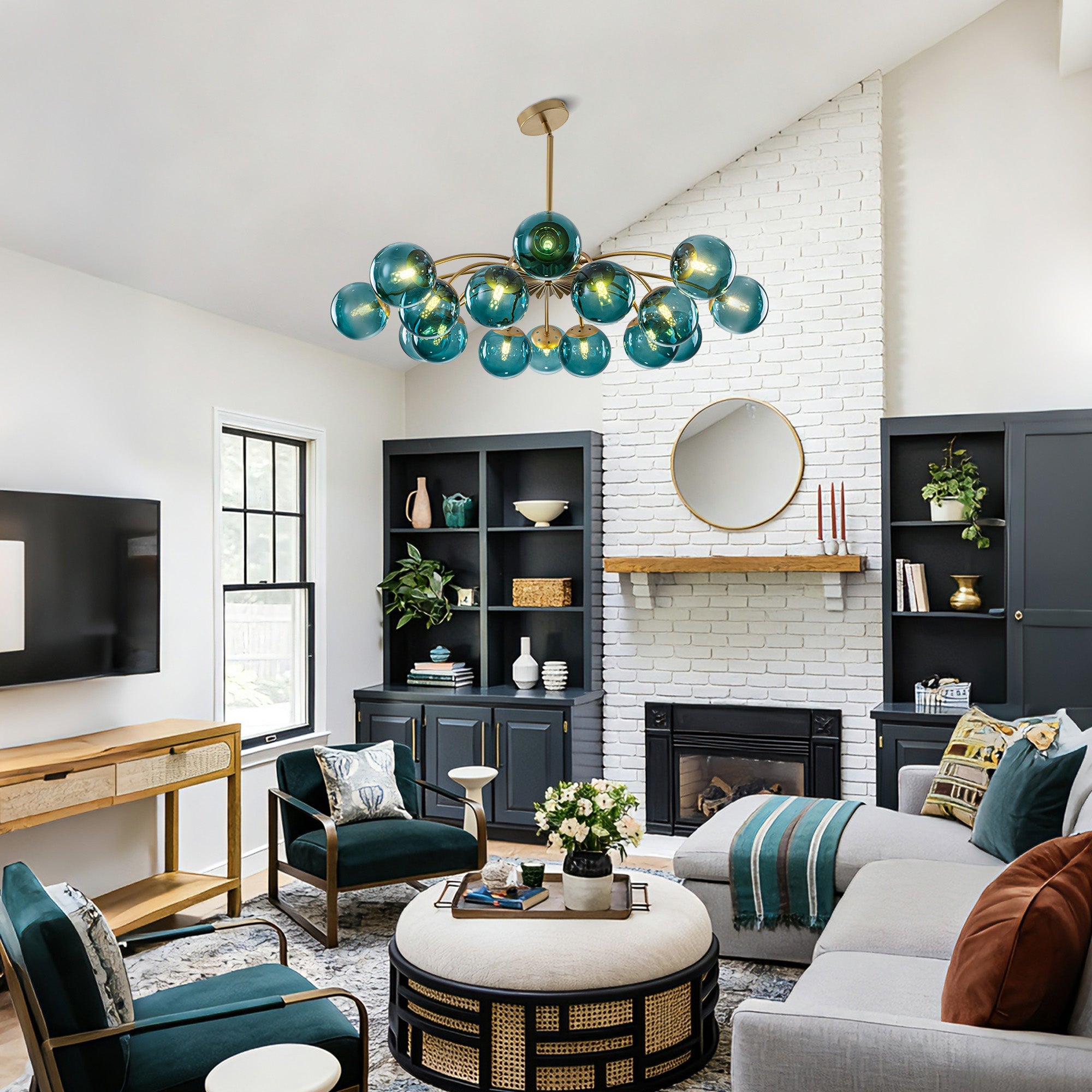 16-Light Modern Teal Glass Bubble Globe Chandelier - Brass Finish - BeyPan