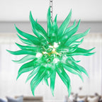 Emerald Bloom blown glass chandelier featuring vibrant green ribbed glass petals in a spherical starburst design.