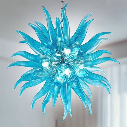 Azure Starburst blown glass chandelier featuring a dense arrangement of hand-blown ice-blue tapered glass elements.