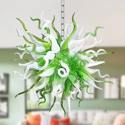 Spring Willow blown glass chandelier featuring a dense starburst of hand-blown green and white glass spirals.