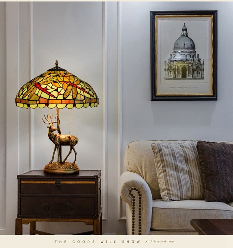 Vintage bronze deer sculpture table lamp with art glass shade