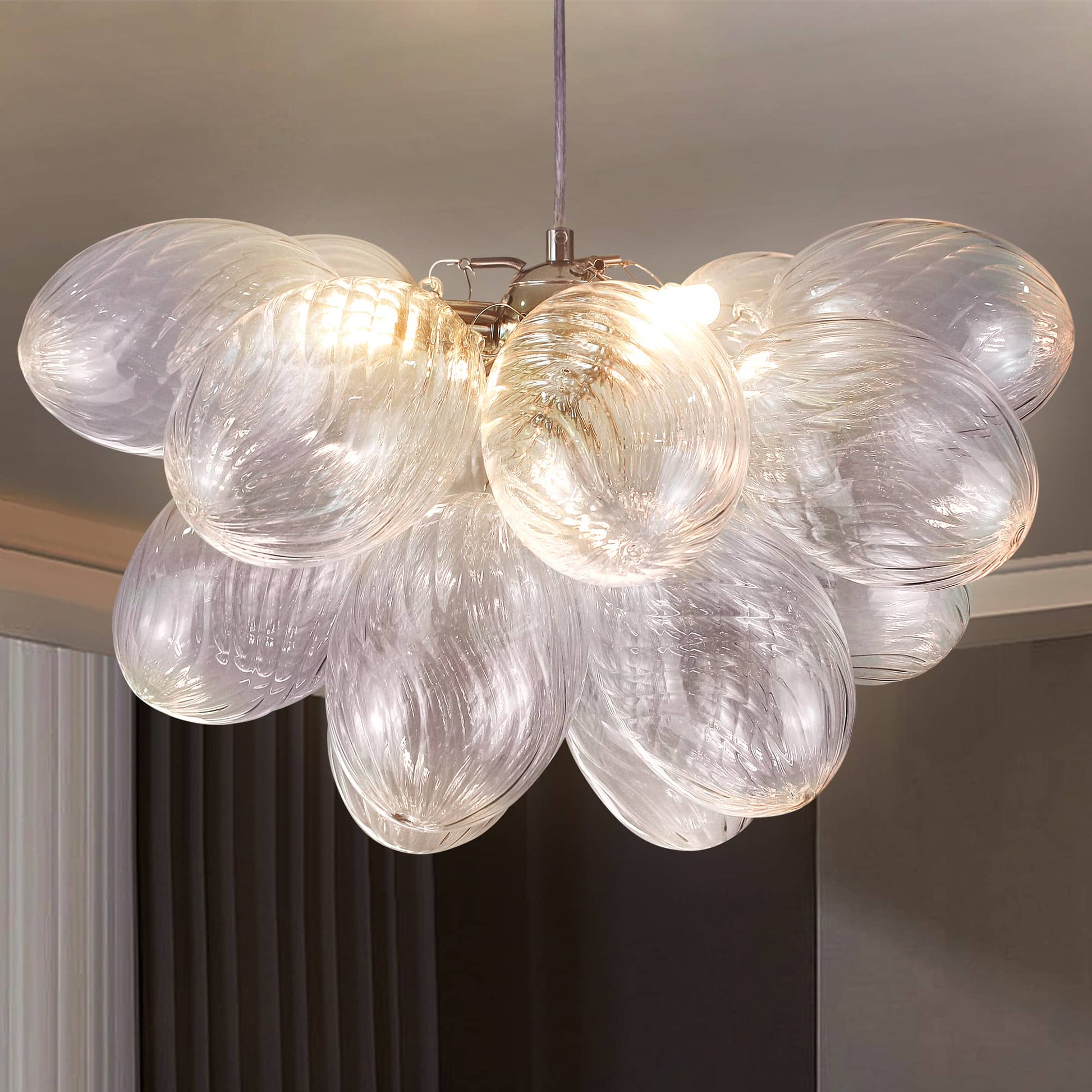 Clear ribbed teardrop glass bubble chandelier mid century oval cluster pendant lightLR1542