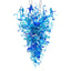 Close-up of a large artisan blue hand-blown glass chandelier, starburst organic marine design.