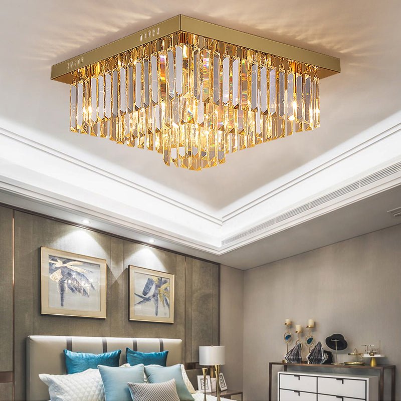 Modern Chandelier Square Steel Base Crystal Pendants Ceiling Decoration