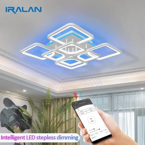 Smart dimmable flush mount light showing remote and app control features.