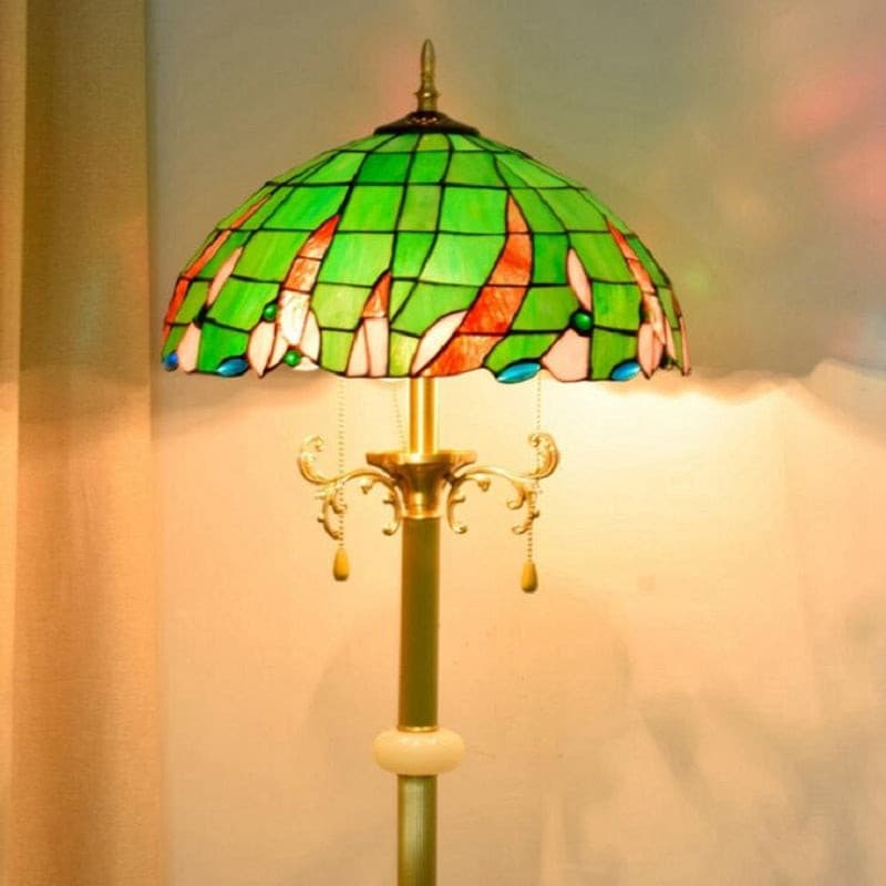Handmade stained glass lampshade detailing in green and red