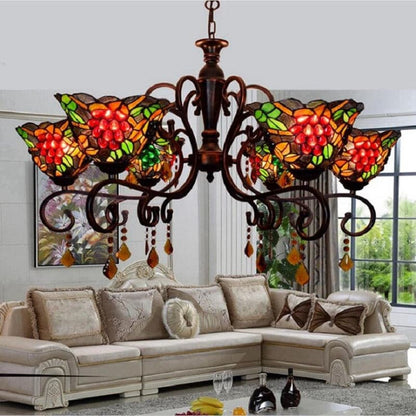 Vintage stained glass chandelier with decorative crystal drops