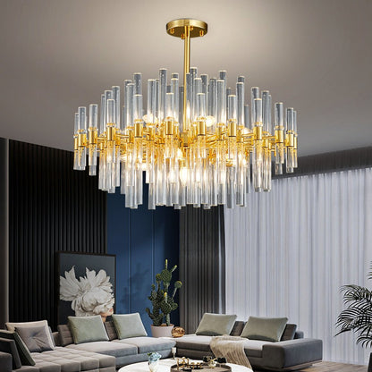 Modern Chandelier Semi-Flushed Crystal Pendants Straight Tube Lighting Furniture