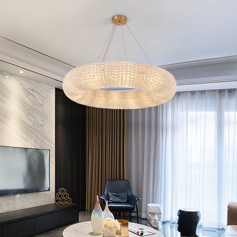 Luxury 32-inch dimmable crystal chandelier for a contemporary living room with high-end decor.
