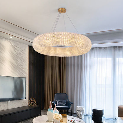 Luxury 32-inch dimmable crystal chandelier for a contemporary living room with high-end decor.