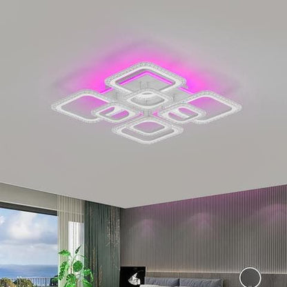 Modern multi-square ceiling fixture with vibrant purple RGB ambient lighting.