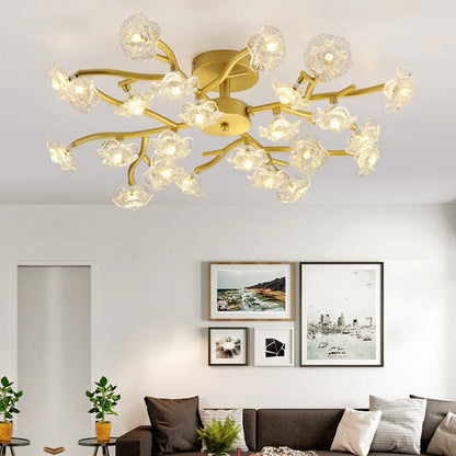 In Blooming modern chandelier with crystal flower petals in a bright living room.
