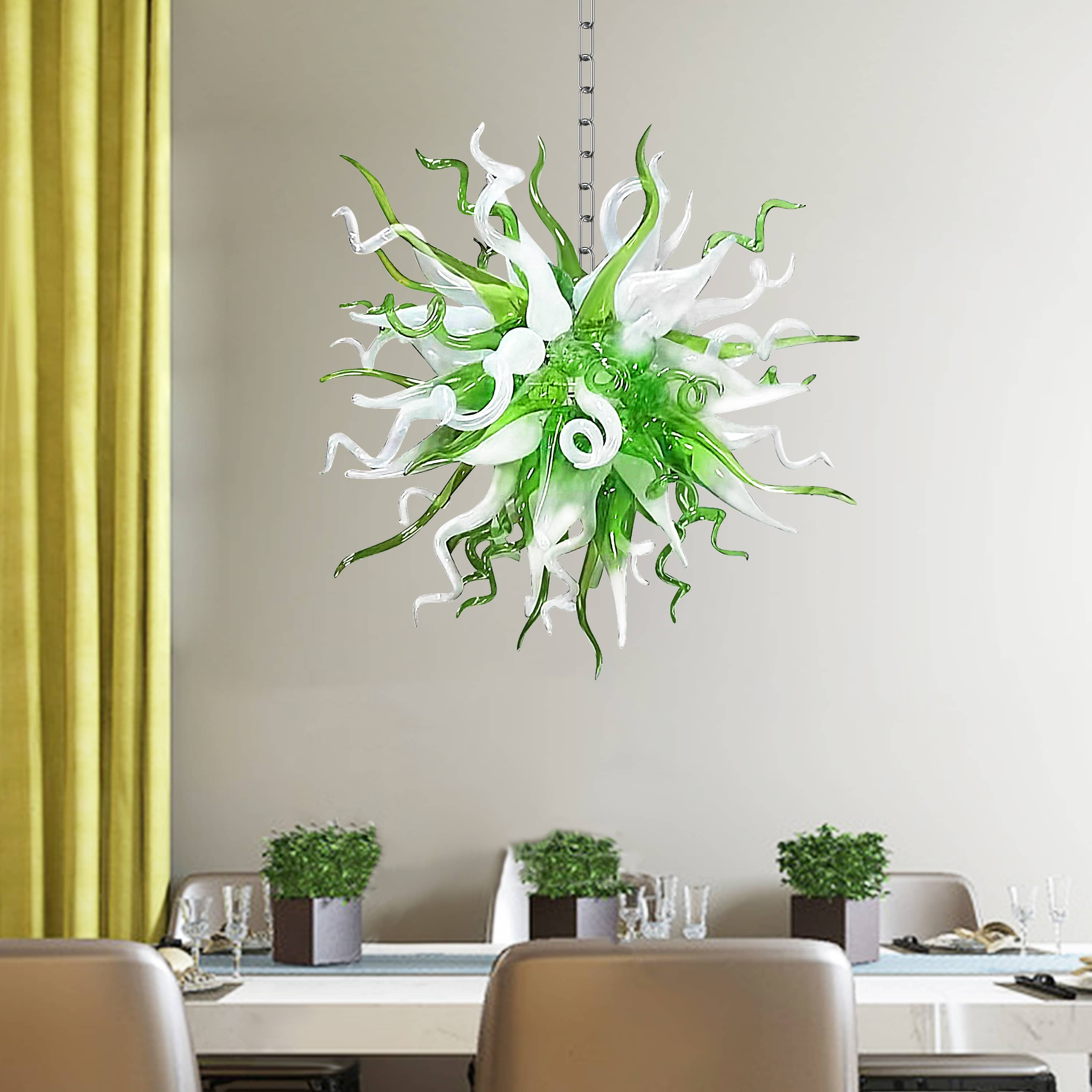 Modern green and white glass art chandelier providing a fresh accent in a bright dining room with neutral decor.
