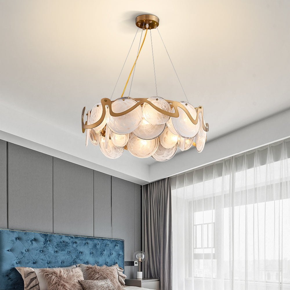 Modern Chandelier Matte Gold Frame Round Glass Plate Suspension Lighting For Bedroom