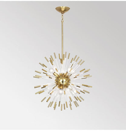 Modern golden starburst crystal chandelier with Sputnik-style radiating metal rods.