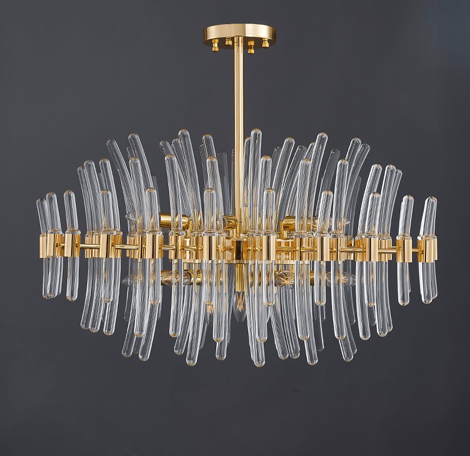 Summer In Santorini modern gold chandelier with staggered crystal pendants and semi-flush mount.