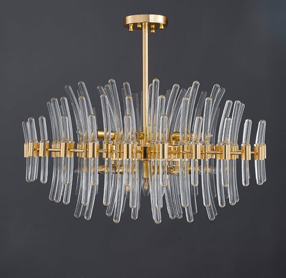 Summer In Santorini modern gold chandelier with staggered crystal pendants and semi-flush mount.