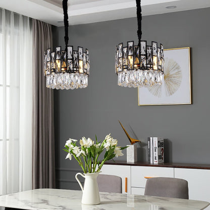 Modern Round Black Metal Frame Crystal Chandelier For Dining Room